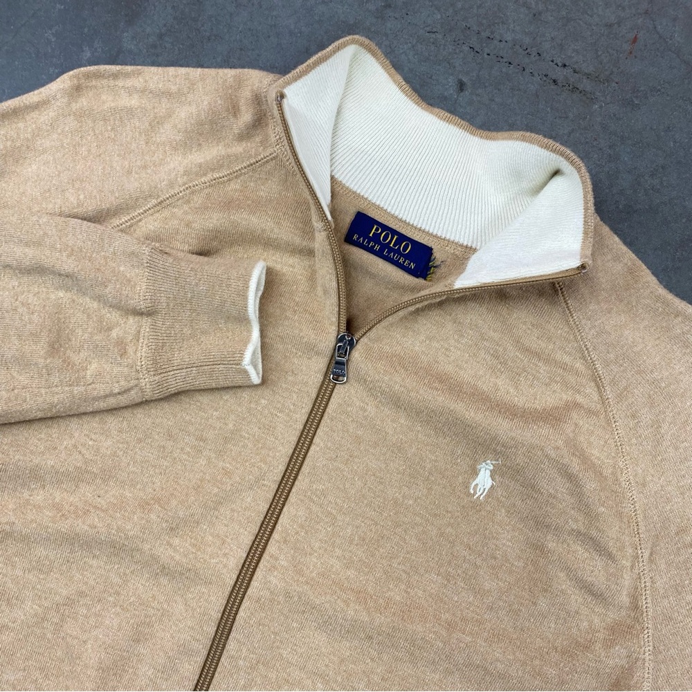 Polo Ralph Lauren Sweater Mens Large Tan‎ Full Zip Mock Neck Pony Logo Knit